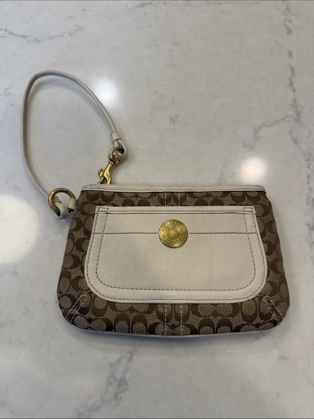Coach Brown Signature Canvas Wristlet with Cream Leather Trim